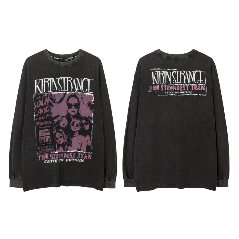 Vintage T Shirts Hip Hop Retro Portrait Print Long Sleeve T-Shirt Men's Autumn Loose Top