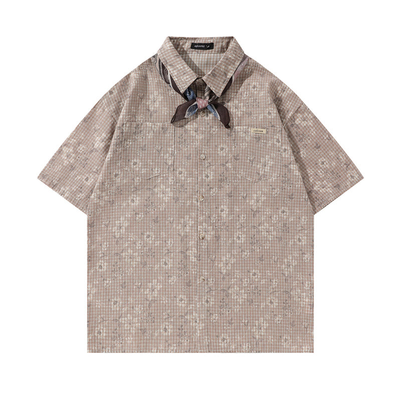 Y2K mens shirt retro loose shirt pleated floral men's casual short-sleeved tie shirt