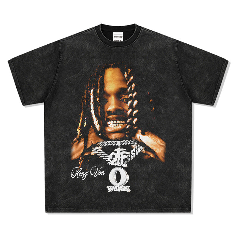 Streetwear masculino vintage hip hop King Von print short sleeve t-shirt