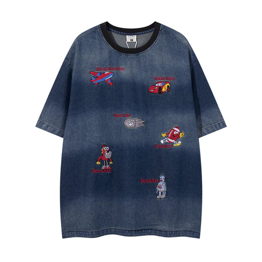 60s Style T Shirts Spring Vintage Cartoon Embroidery Washed Denim Short Sleeve T-Shirt