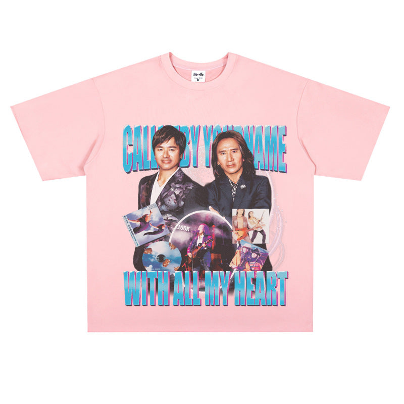 Film Star T Shirt Medium Loose Heavy Weight Retro Street Cotton T-shirt Men and Women