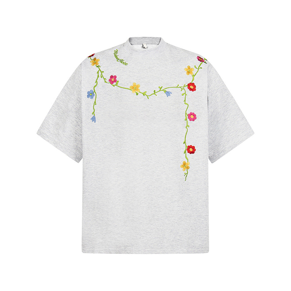 Hip Hop Clothes New York Vintage Floral Embroidery Short Sleeve T-Shirt