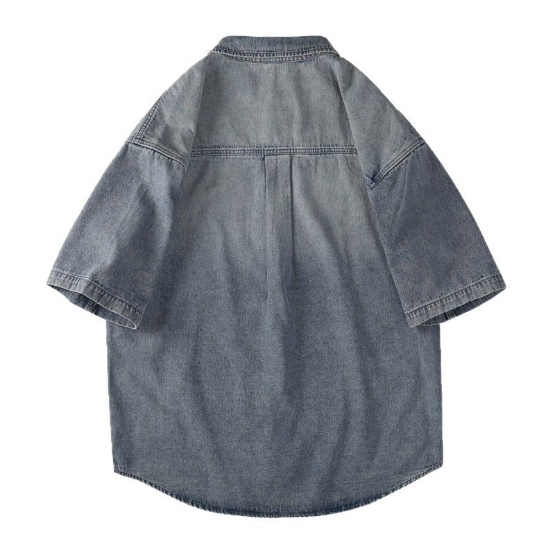 Men T-shirts Vintage Denim Shirt Short Sleeve Summer Loose