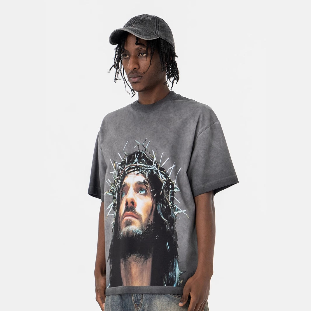 Vintage 90s Hip Hop Clothing Summer Empty Print Vintage gradual change Washed Crew Neck Short Sleeve T-Shirt