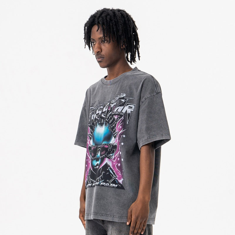Vintage College Shirts Summer Hip Hop Kids Wash Print Short Sleeve T-Shirt