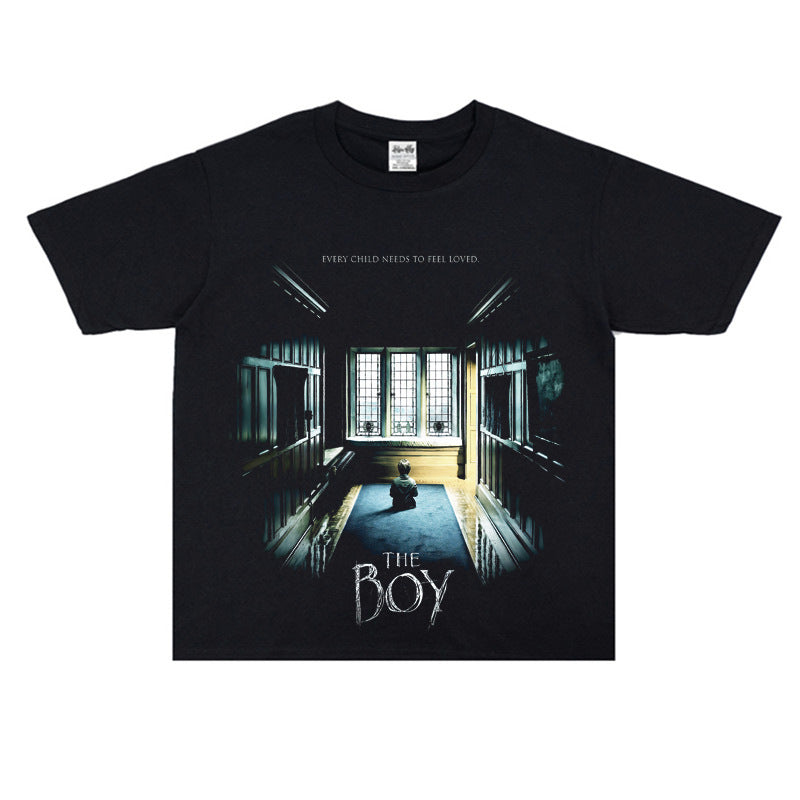 Film Star T Shirt Movie Spirit Doll Contract Pure Cotton Loose Nostalgic Short Sleeve Trendy Heavy T-shirt for Men