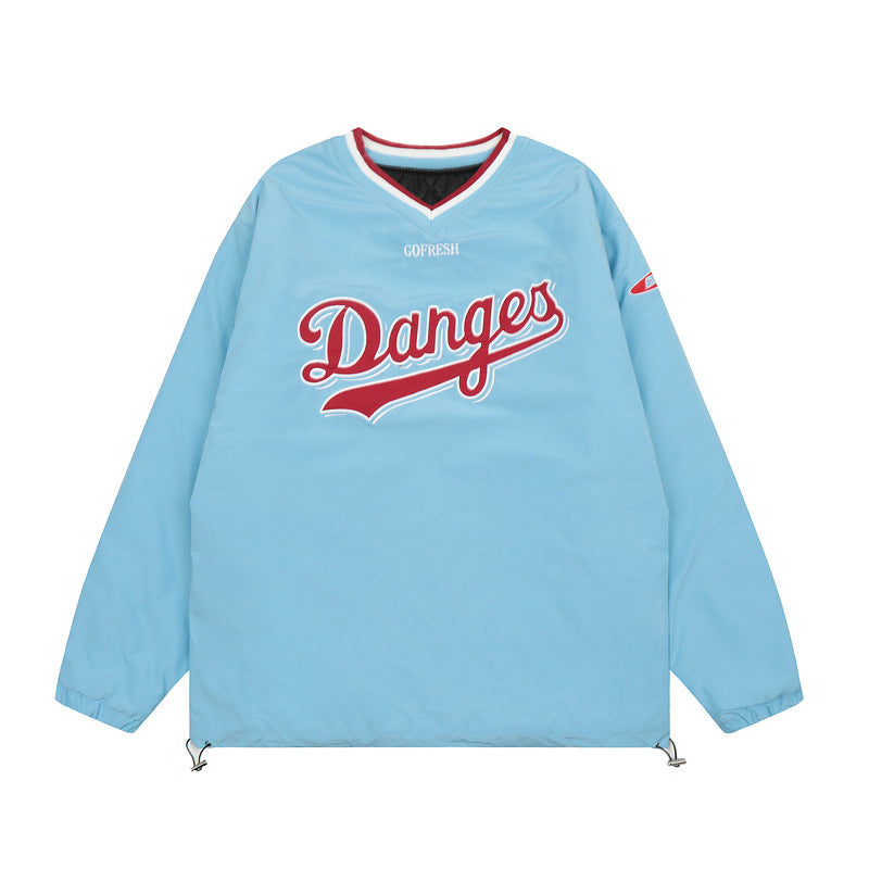 Streetwear Hoodie Alphabet Embroidered V-Neck Jersey Sweater Winter Hip Hop Loose Sports Jacket