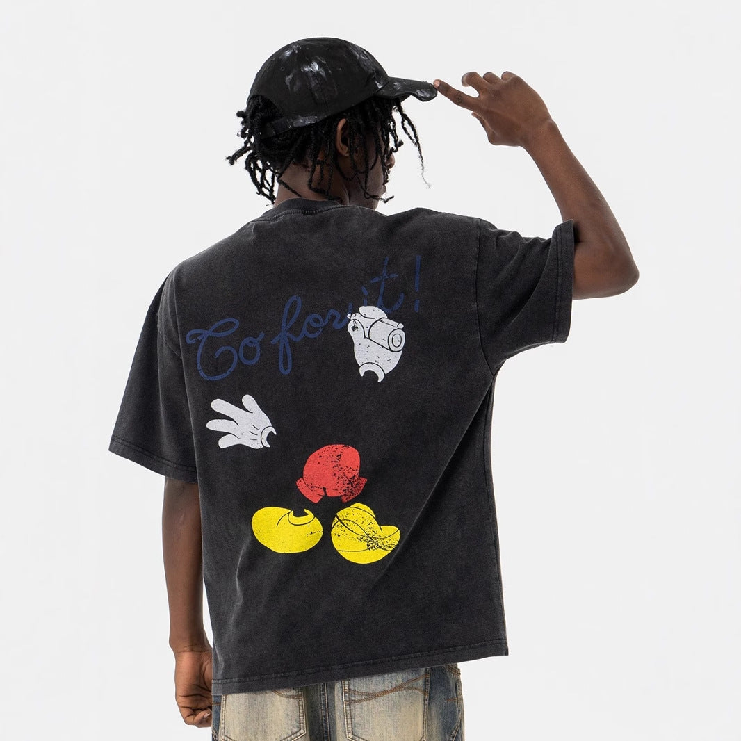 Vintage 90s Hip Hop Clothing Summer Cartoon Question Mark Washed Short Sleeve T-Shirt