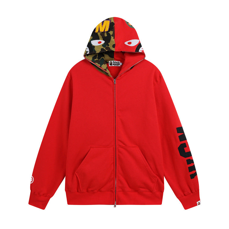 Ape Hoodie Autumn and Winter Shark Head Color Matching Cardigan Loose Sweater Jacket