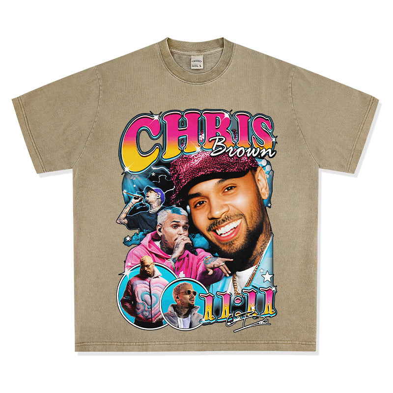Streetwear masculino vintage Chris Brown print short sleeve t-shirt vintage