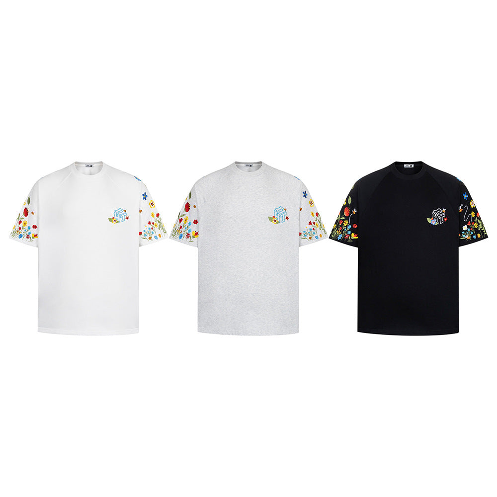 Hip Hop Clothes New York Vintage Floral Embroidery Crew Neck Short Sleeve T-Shirt