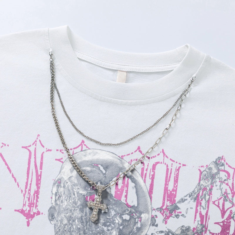 US drip outfits Summer Vintage Skull Print Casual Loose Short Sleeve T-Shirts