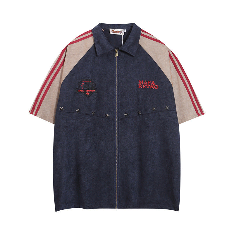 US drip outfits summer vintage zip lapel embroidery casual loose short sleeve T-Shirts