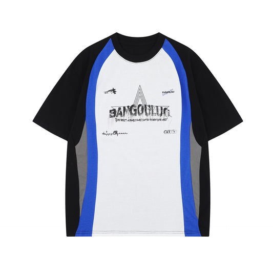 Unisex T-shirts Summer Splicing Alphabet Map Men's Loose Short Sleeve T-Shirt
