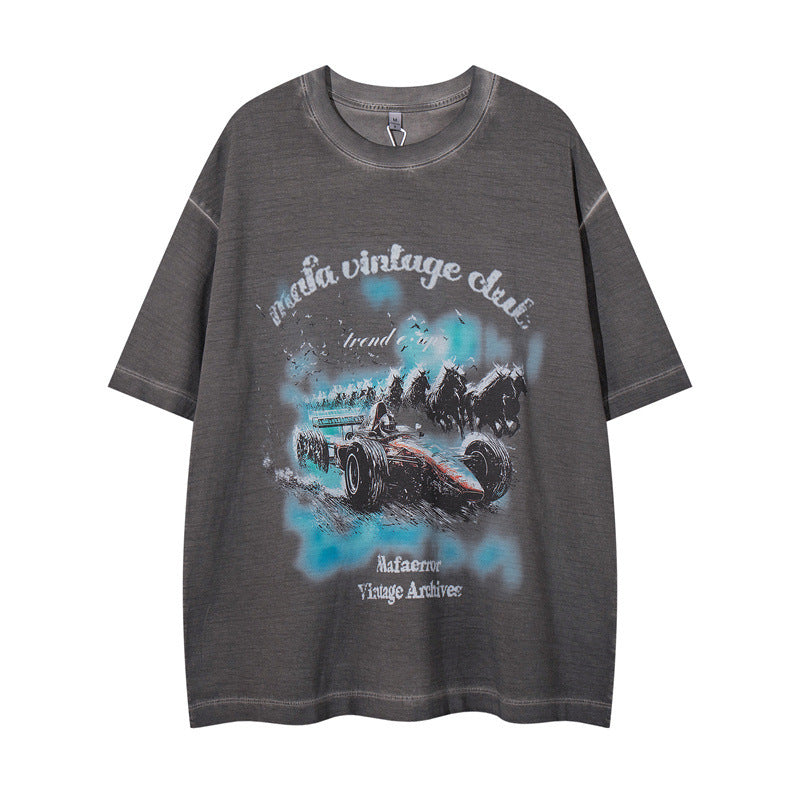 US drip outfits Summer Vintage Racing Pattern Casual Loose Short Sleeve T-Shirts