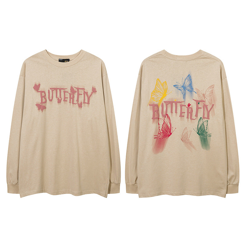 Vintage T Shirts Hip Hop Butterfly Long Sleeve T-Shirt Hip Hop Vintage Loose Long Sleeve
