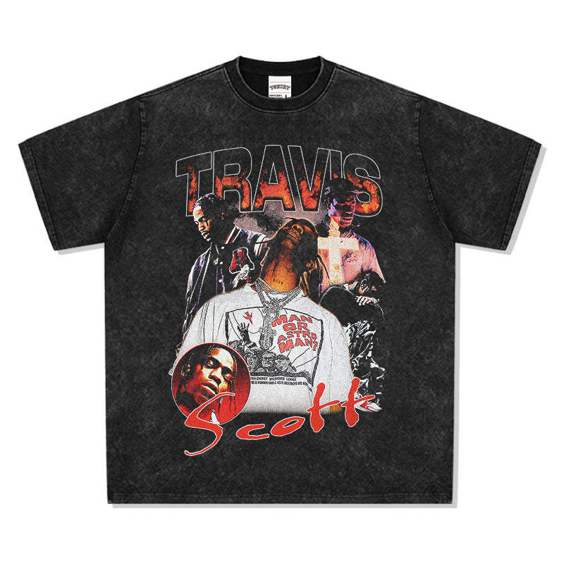 Streetwear masculino TRAVIS SCOTT character print short sleeve VINTAGE hip hop rap t-shirt