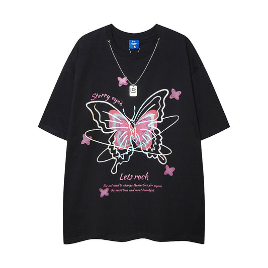 Nostalgia T Shirts Butterfly Print Necklace Short Sleeve T-Shirt