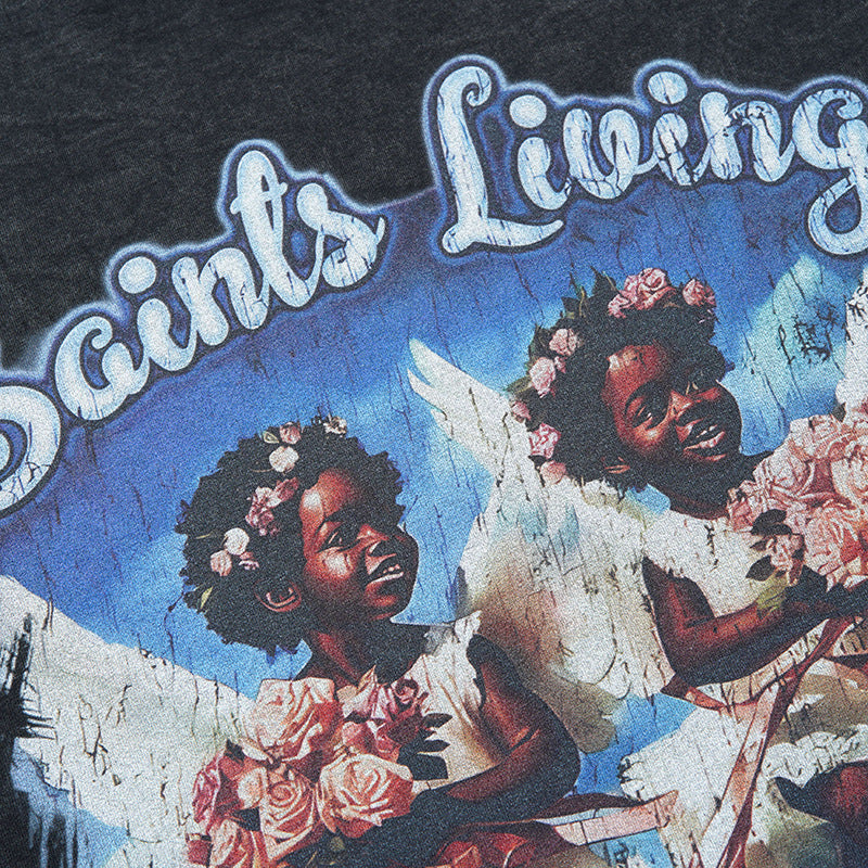 Hip hop clothing new york summer short sleeve vintage hip hop angel print t-shirt loose
