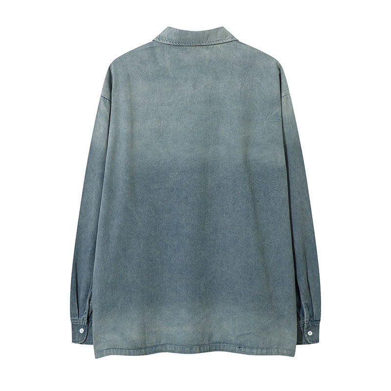 Marcas De Streetwear Washed Old POLO Shirt Loose Denim Long Sleeve T-Shirt