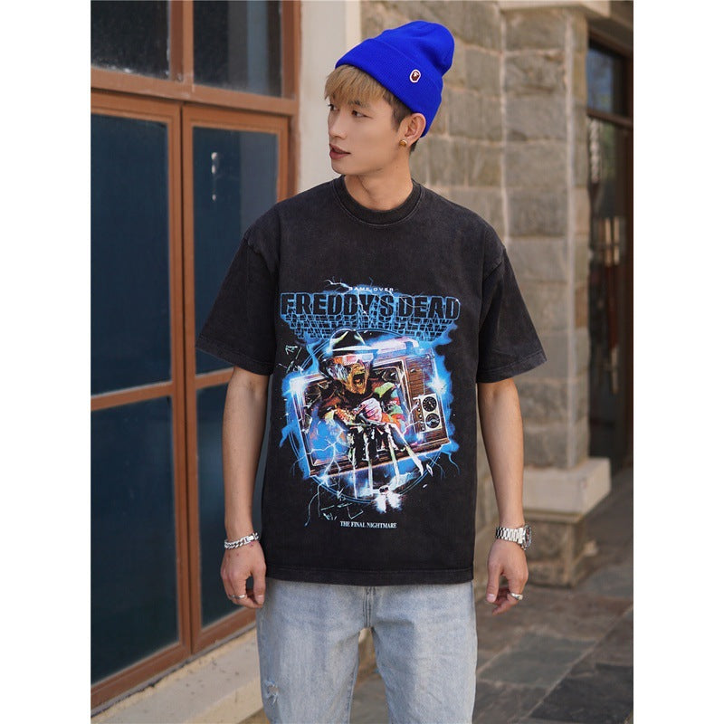 Film Star T Shirt Horror Movie Distressed Fierce Ghost Street Pure Cotton Loose Short Sleeve Trendy Heavy T-shirt Men