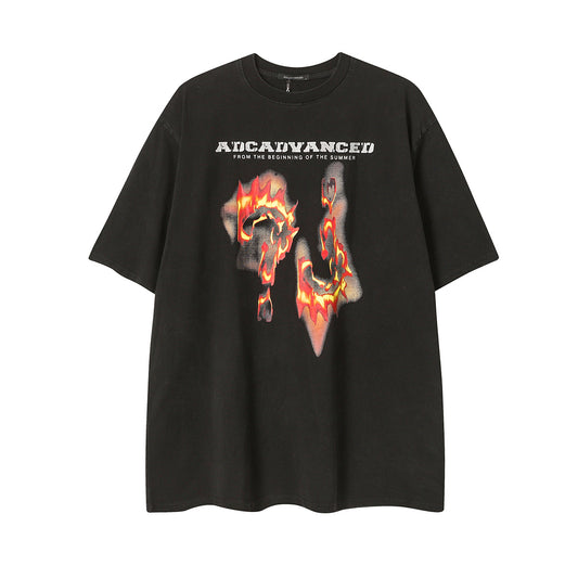 Ye T Shirt Summer Hip Hop Washed tee Flame Printed Short Sleeve T-Shirt