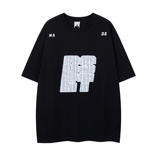 Y2K mens shirt embroidered letter round neck short-sleeved shirt