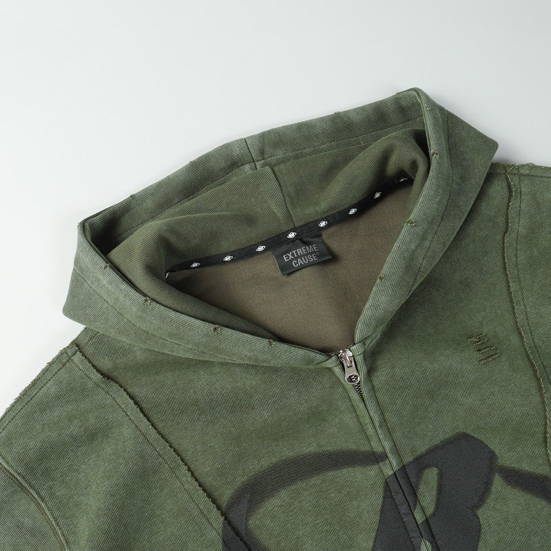 Streetwear Hoodie Hip Hop Vintage Washed Old Hooded Sweater Zip Cardigan Jacket