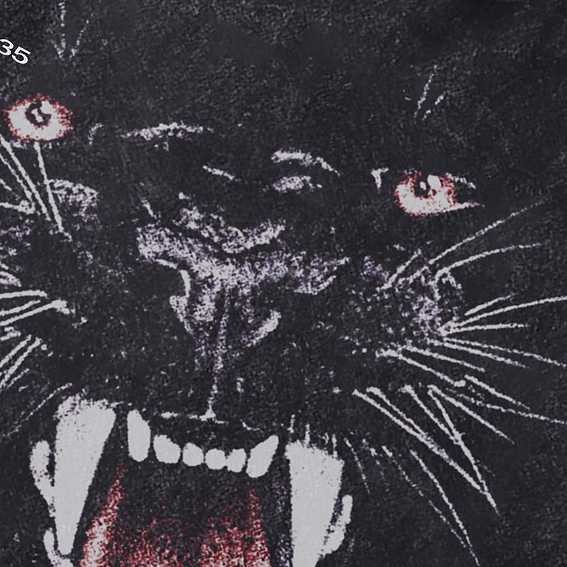 Ropa Vintage Hombre Panther Print Old Washed Vintage Loose Short Sleeve T-Shirt