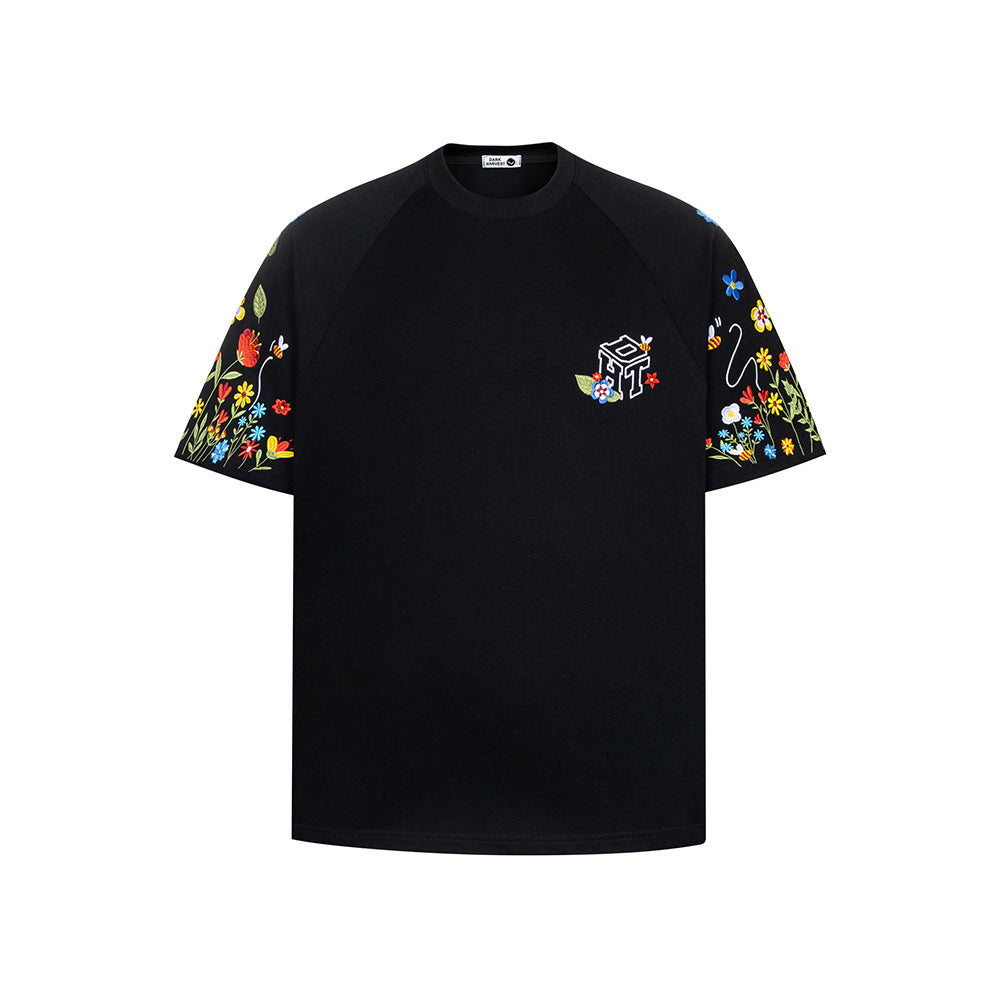 Hip Hop Clothes New York Vintage Floral Embroidery Crew Neck Short Sleeve T-Shirt