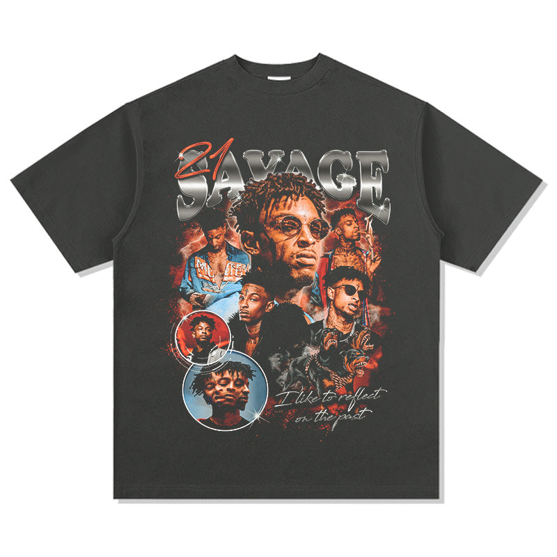 Streetwear masculino vintage 21 Savage print short sleeve hip hop t-shirt