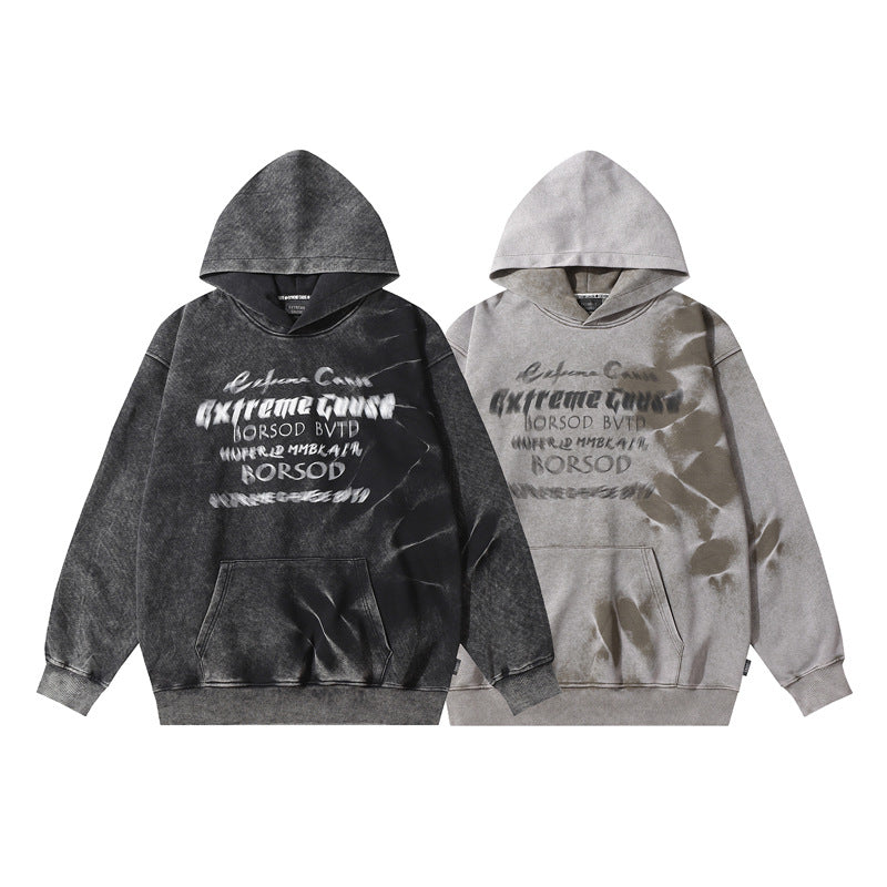 Streetwear Hoodie Vintage Washed Old Alphabet Hooded Sweater Hip Hop Loose Hoodie