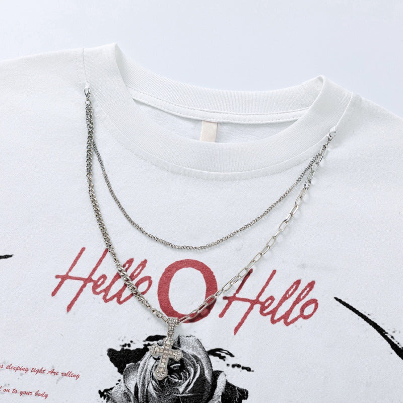 US drip outfits Summer Hip Hop Vintage Rose Casual Loose Short Sleeve T-Shirts