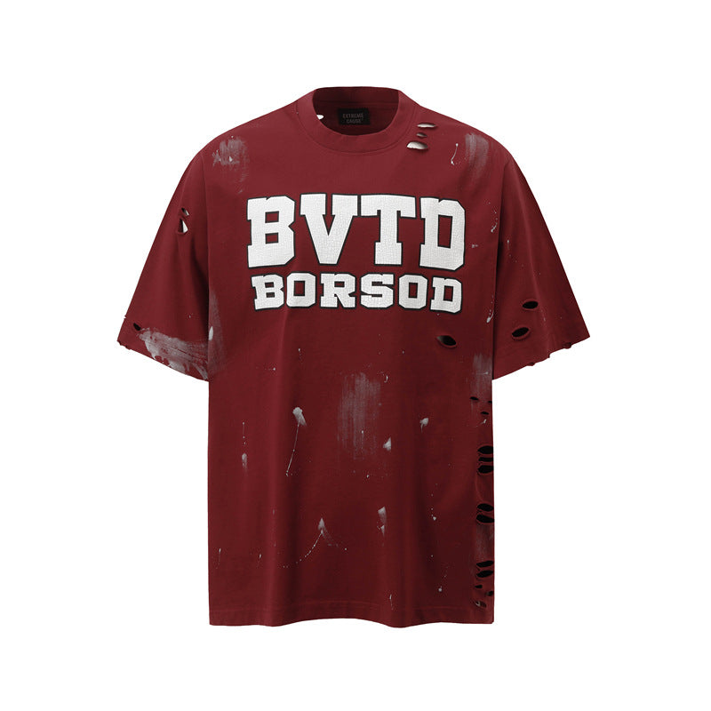 Camisas Retros Tie-dye Alphabet Short Sleeve Vintage Vintage Loose Crew Neck T-Shirt