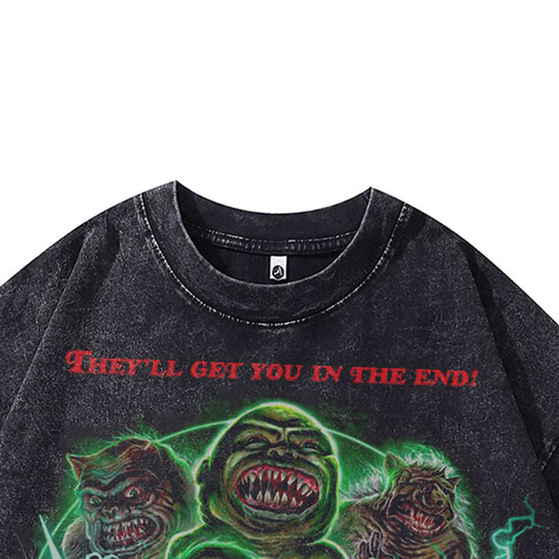 Ropa Vintage Hombre Devil Print Oversize Casual Short Sleeve T-Shirt