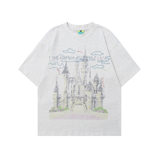90s West Coast Hip Hop Fashion T Shirts Vintage Castle Print Cotton Short Sleeves