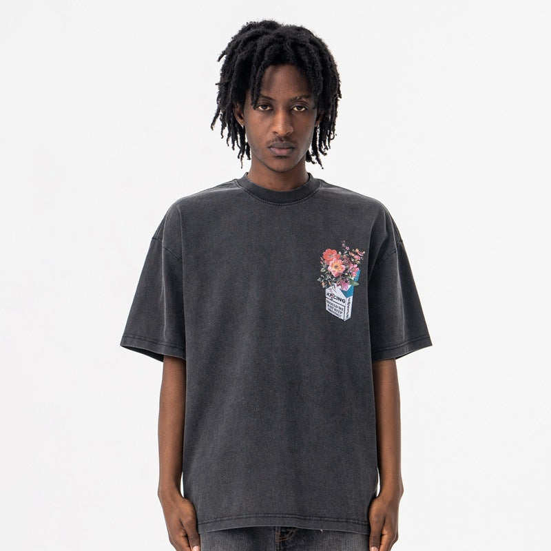 Vic Streetwear Summer Flower Letter Vintage Oversize Short Sleeve T-Shirt
