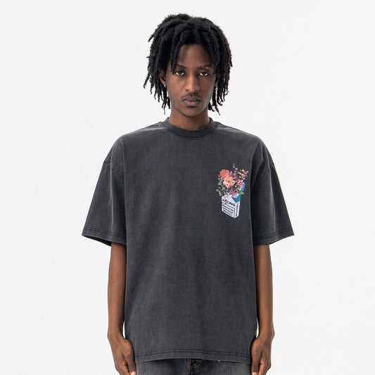 Vic Streetwear Summer Flower Letter Vintage Oversize Short Sleeve T-Shirt
