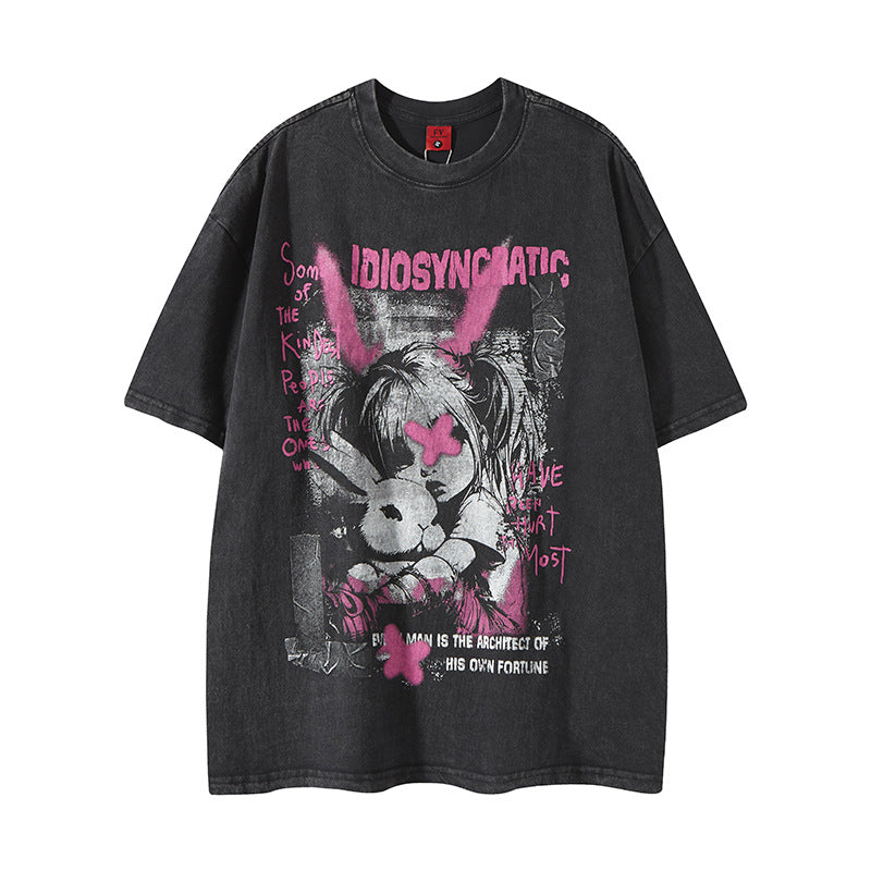 Nyc T Shirt Vintage Washed Cartoon Rabbit Short Sleeve T-Shirt Summer Loose Casual Top