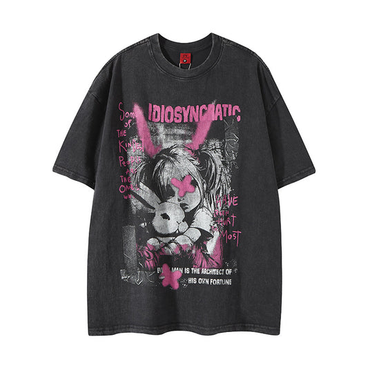Nyc T Shirt Vintage Washed Cartoon Rabbit Short Sleeve T-Shirt Summer Loose Casual Top