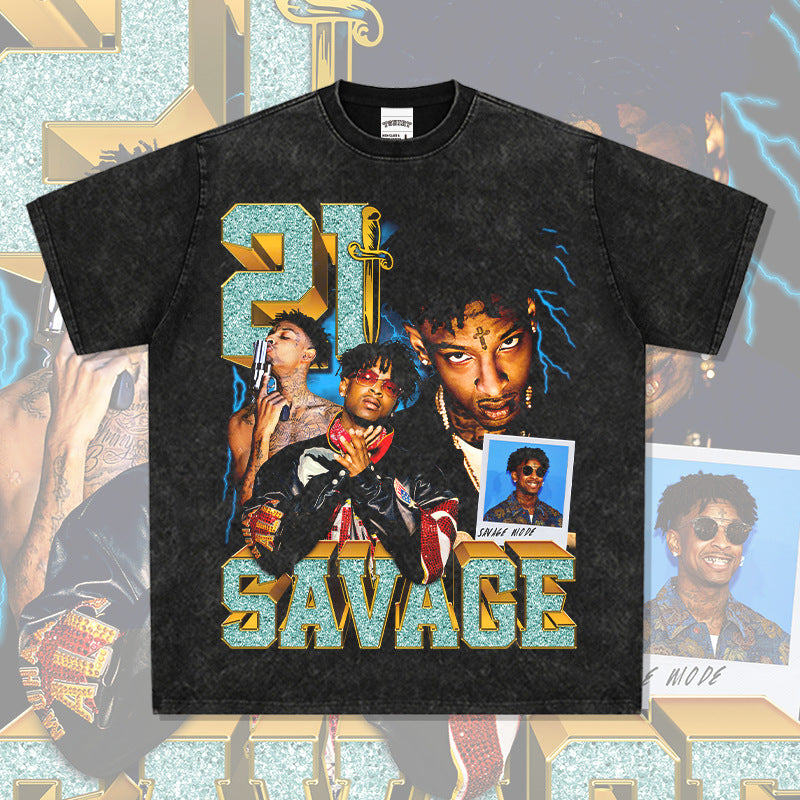 Streetwear masculino hip hop 21 savage print vintage hiphop short sleeve t-shirt