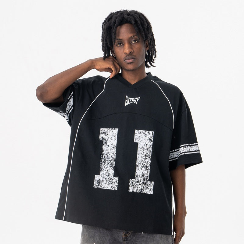 Vintage 90s Hip Hop Clothing Summer No. 11 Printed V-Neck Loose Short Sleeve T-Shirt
