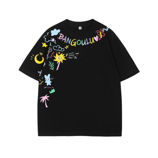 US drip outfits Summer Vintage Color Alphabet Print Casual Loose Short Sleeve T-Shirts