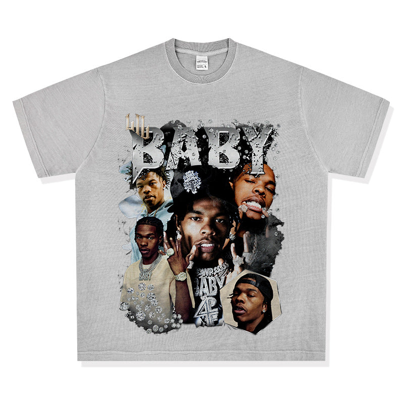 Cool t rapper retro hip hop Lil Baby print short sleeve t-shirt loose crew neck