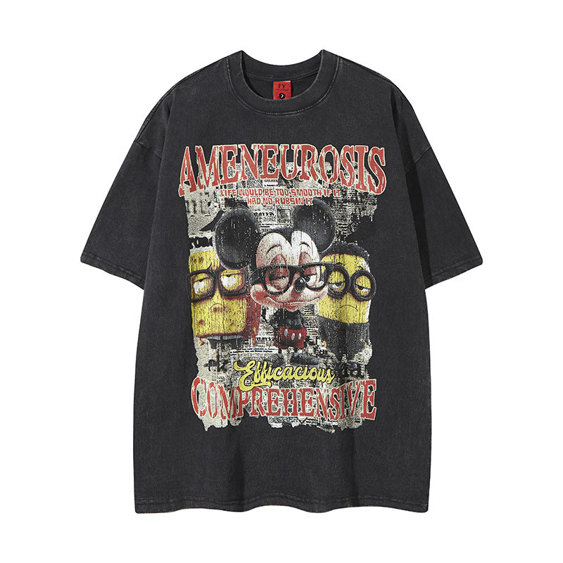 Distorted vintage washed old anime cartoon print short sleeve t-shirt summer loose casual top