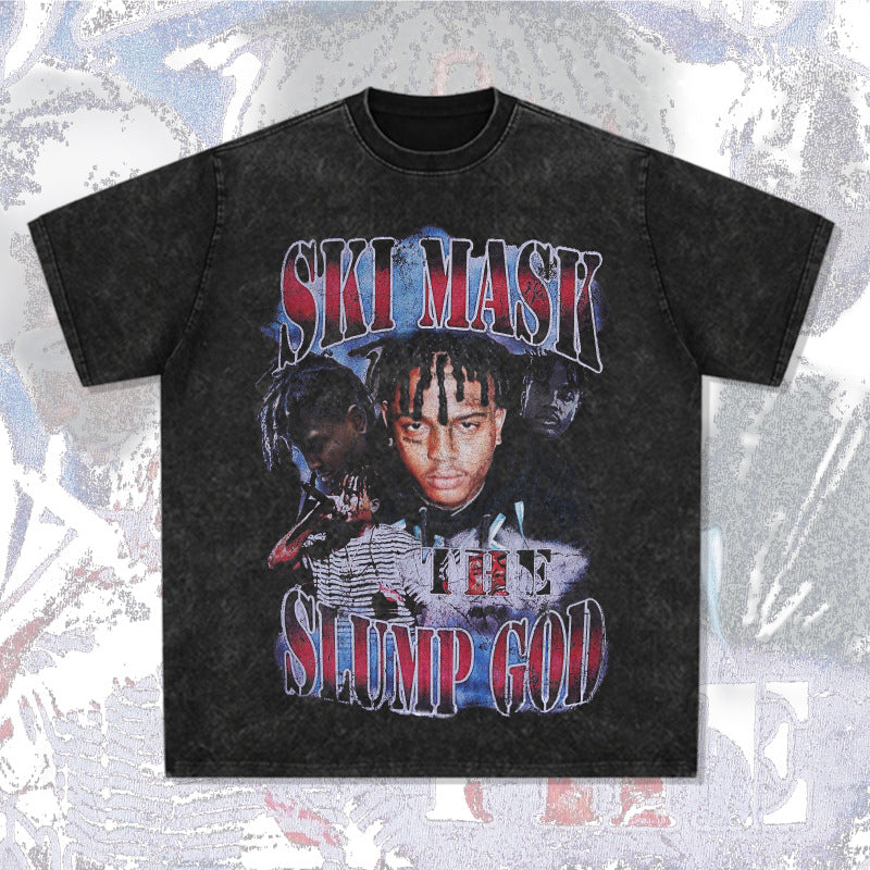 Cool t rapper SKI MASK HIPHOP hip hop character print t-shirt loose Vintage short sleeve top