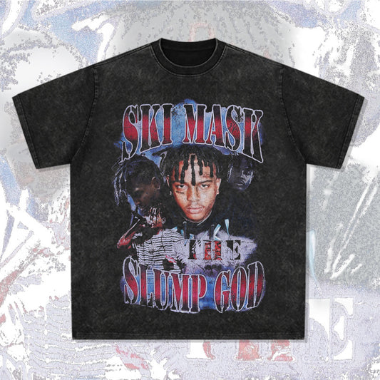 Cool t rapper SKI MASK HIPHOP hip hop character print t-shirt loose Vintage short sleeve top