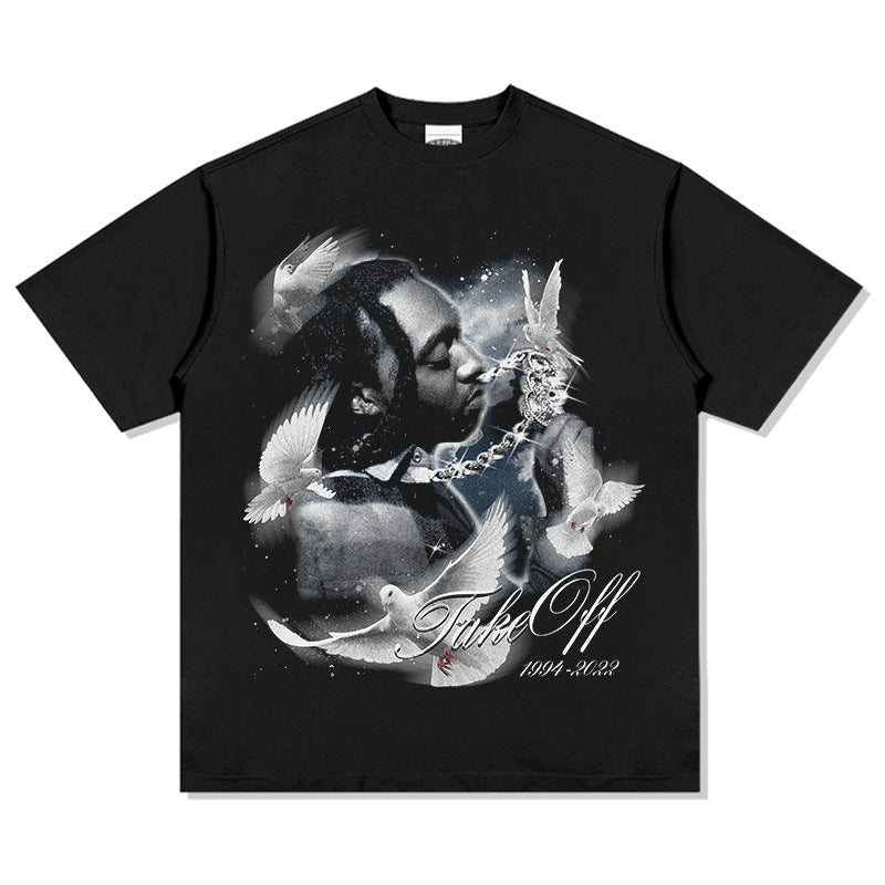 Cool t rapper rap takeoff print hip hop short sleeve retro wash do old t-shirt