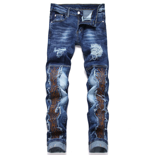 1990 Fashion Jeans Blue Ripped Embroidered Straight Jeans