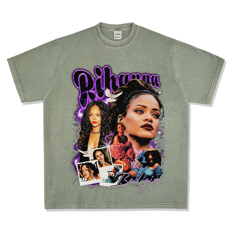 Streetwear masculino hip hop vintage Rihanna print short sleeve t-shirt VINTAGE